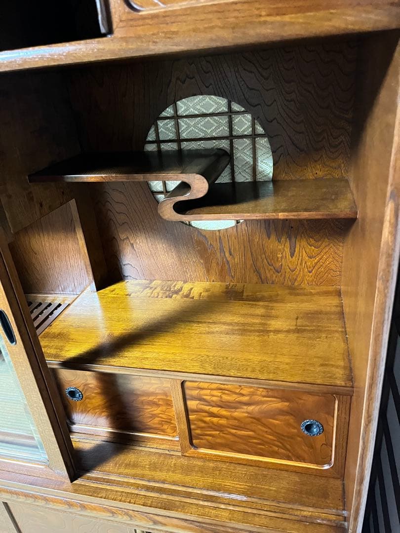 茶箪笥　欅　ケヤキ　和風収納棚 ガラス扉付き　アンティーク風　高さ約150㎝