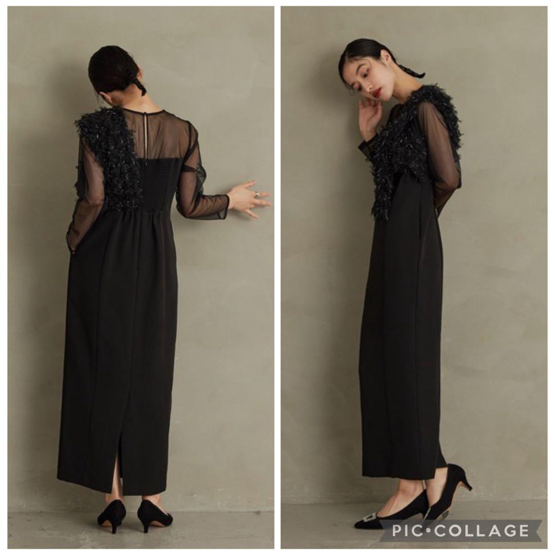 人気　ニアナ　フリンジグリッターノットドレス　パーティ　オケージョン　ブラック