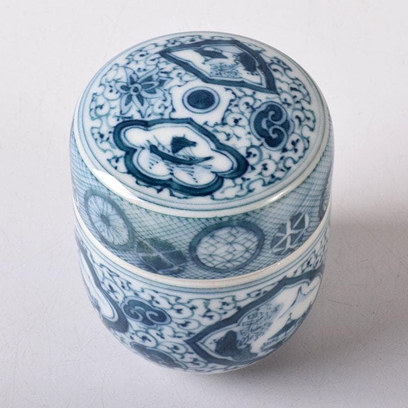 茶道具　湖東焼　染付　山水文　茶入　茶壺　時代箱　V　7661