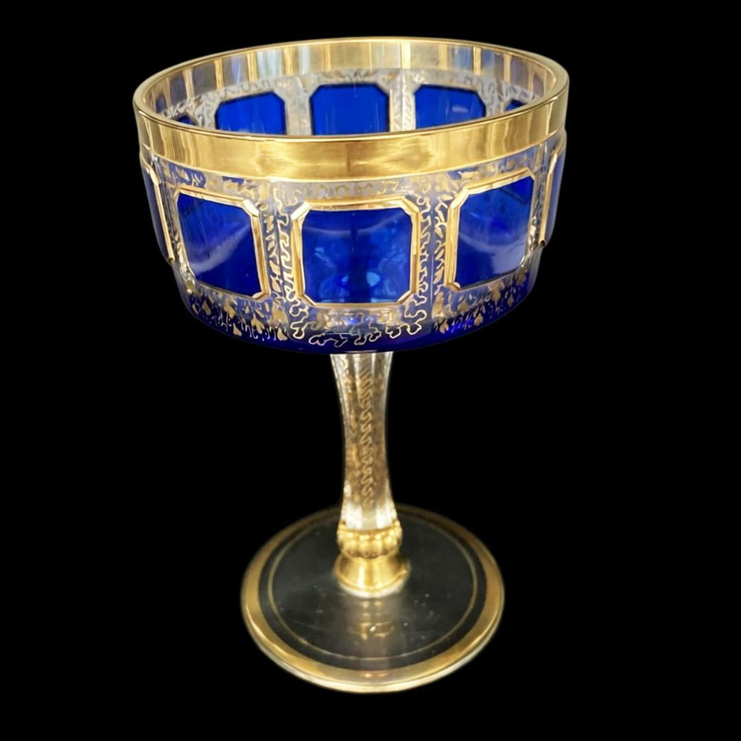 ボヘミアガラス エーゲルマン パネルグラス ワイングラス 瑠璃 金彩