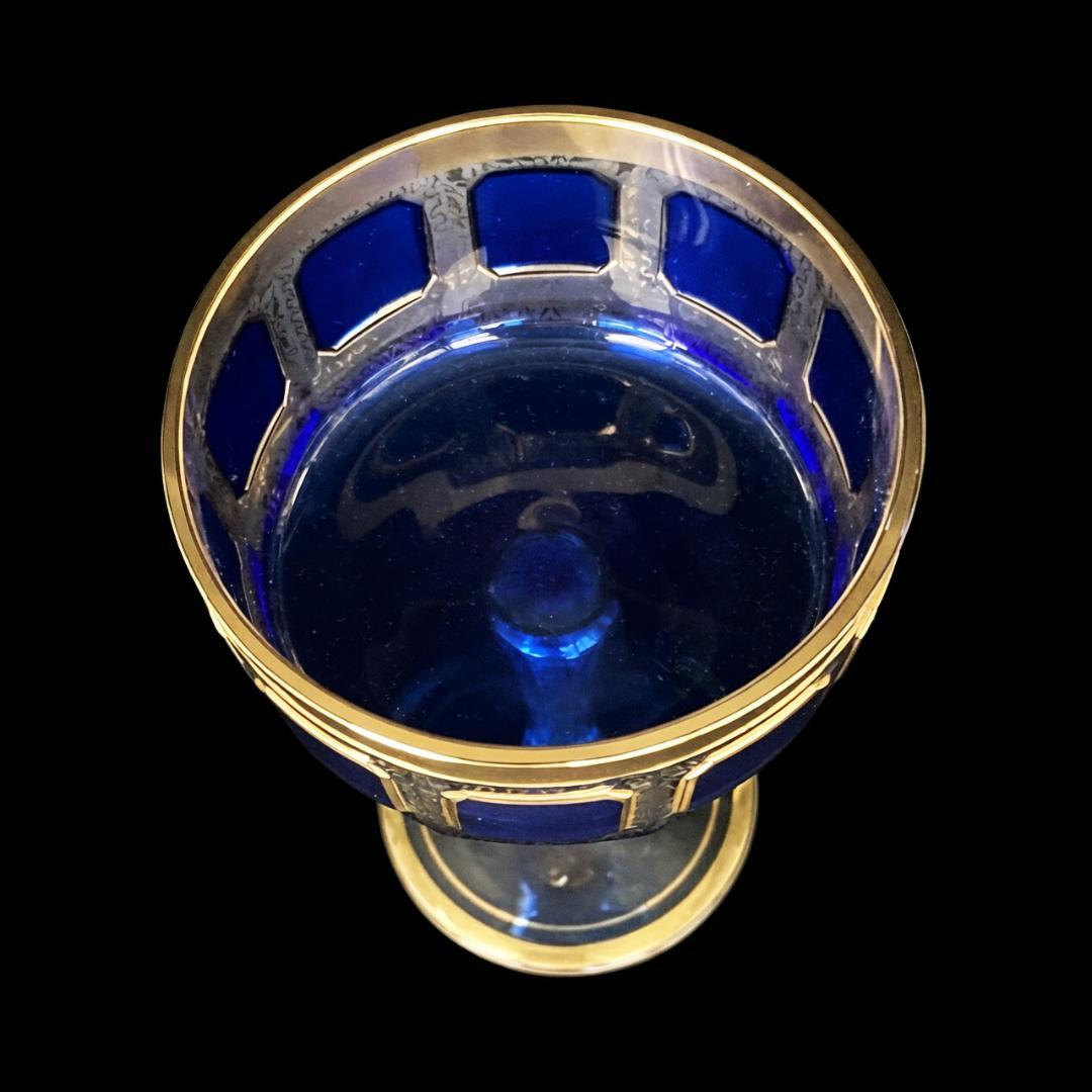 ボヘミアガラス エーゲルマン パネルグラス ワイングラス 瑠璃 金彩