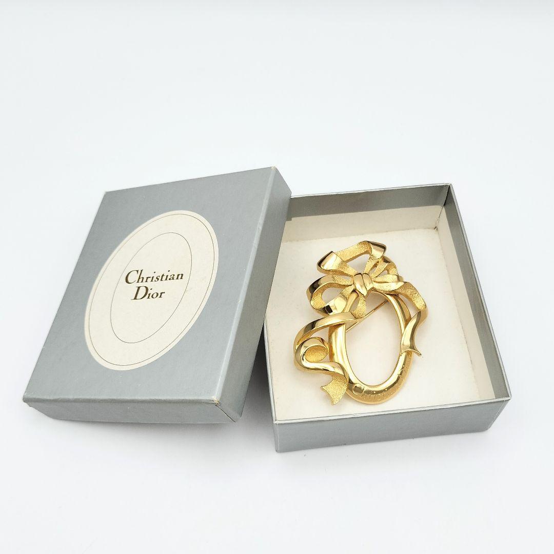 【S】美品 Dior ディオール リボン ヴィンテージ ゴールド ブローチ 箱付