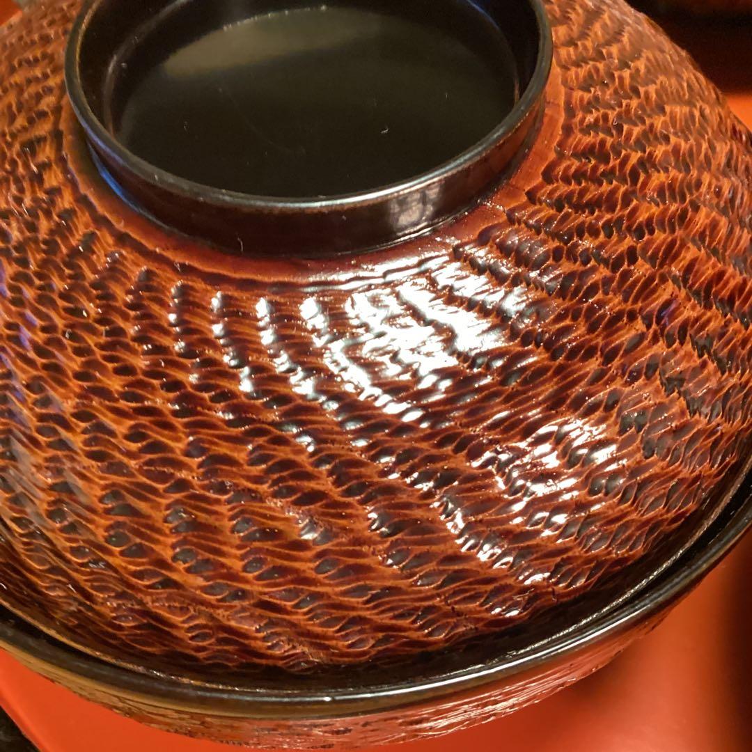 A1029 木製輪島塗　富士月　闇蒔絵　流水に亀蒔絵　吸い物庵5客