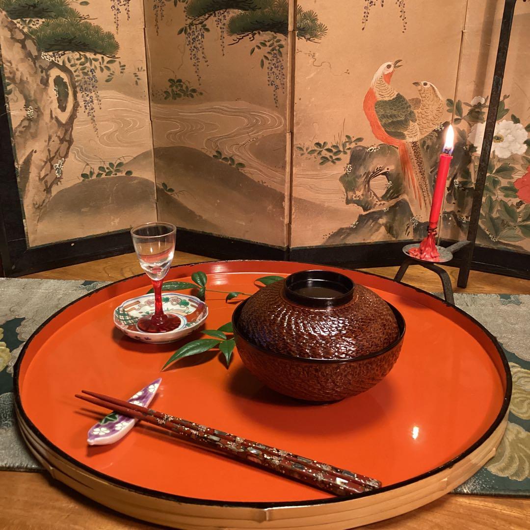 A1029 木製輪島塗　富士月　闇蒔絵　流水に亀蒔絵　吸い物庵5客