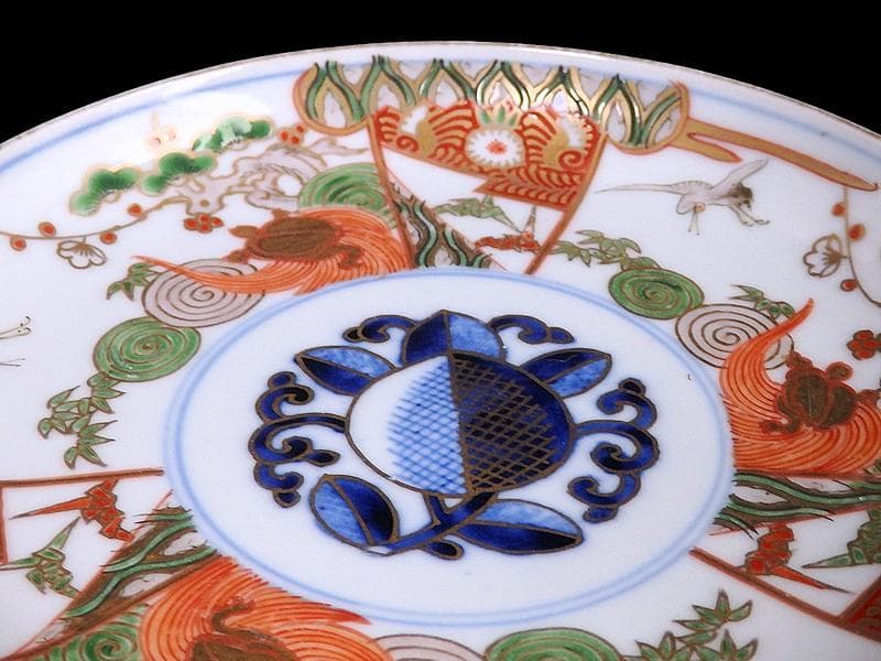 古伊万里　金襴手　松竹梅に鶴亀の図　５寸半皿　５枚　A915AS-CXd