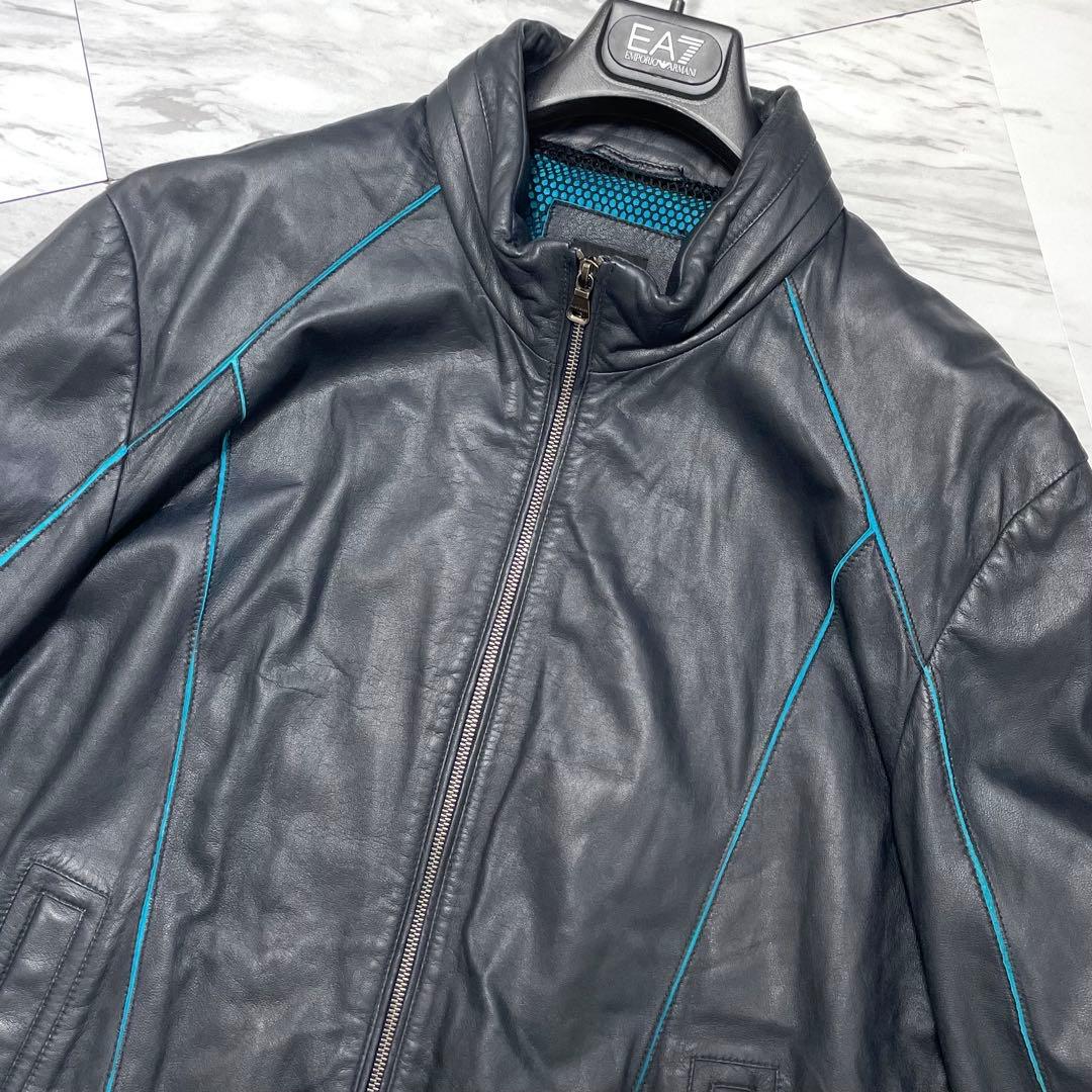 希少2XL 極上ラムレザー⭐️ヒューゴボス レザージャケット 裏地ブルー 濃紺