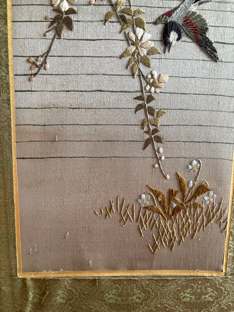 刺繍　屏風　花鳥画