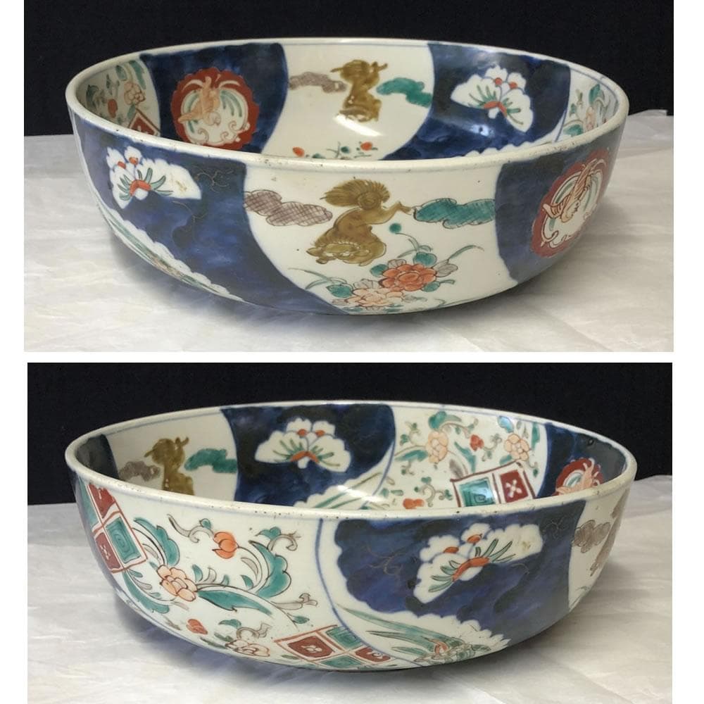 e2380 古伊万里 色絵 鉢 口径26cm 二重高台