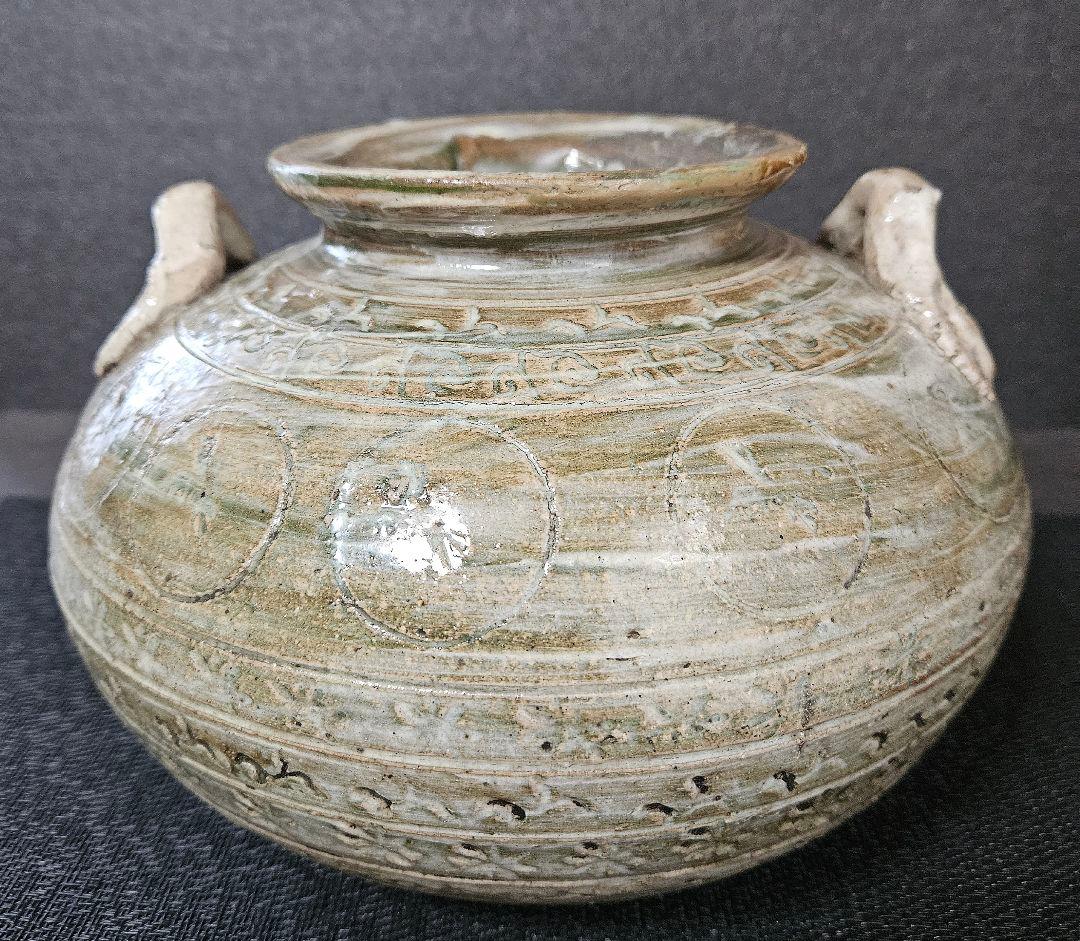 【李朝コレクター放出品❗】李氏朝鮮時代　粉青沙器　丸に鳥　花三島　双耳　壺　花入