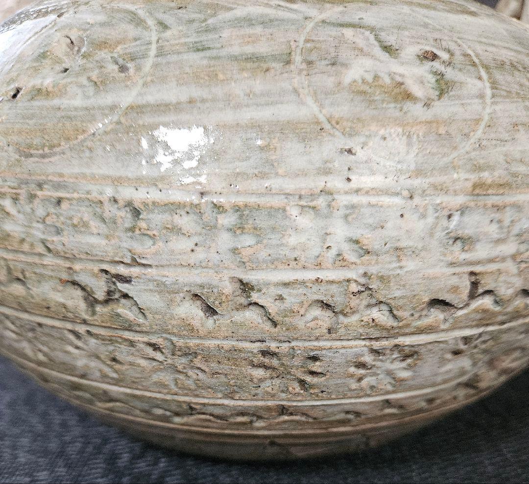 【李朝コレクター放出品❗】李氏朝鮮時代　粉青沙器　丸に鳥　花三島　双耳　壺　花入