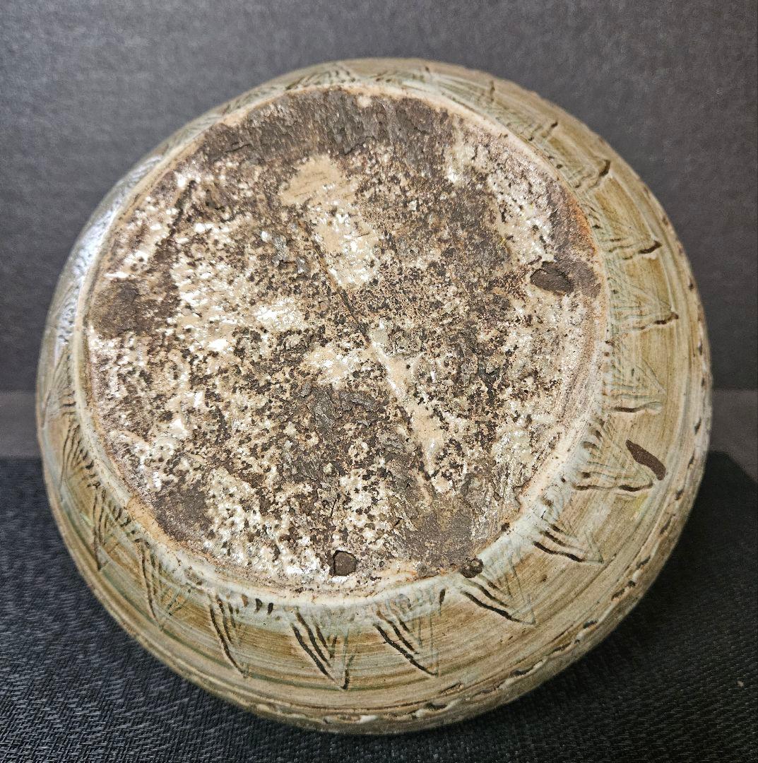 【李朝コレクター放出品❗】李氏朝鮮時代　粉青沙器　丸に鳥　花三島　双耳　壺　花入