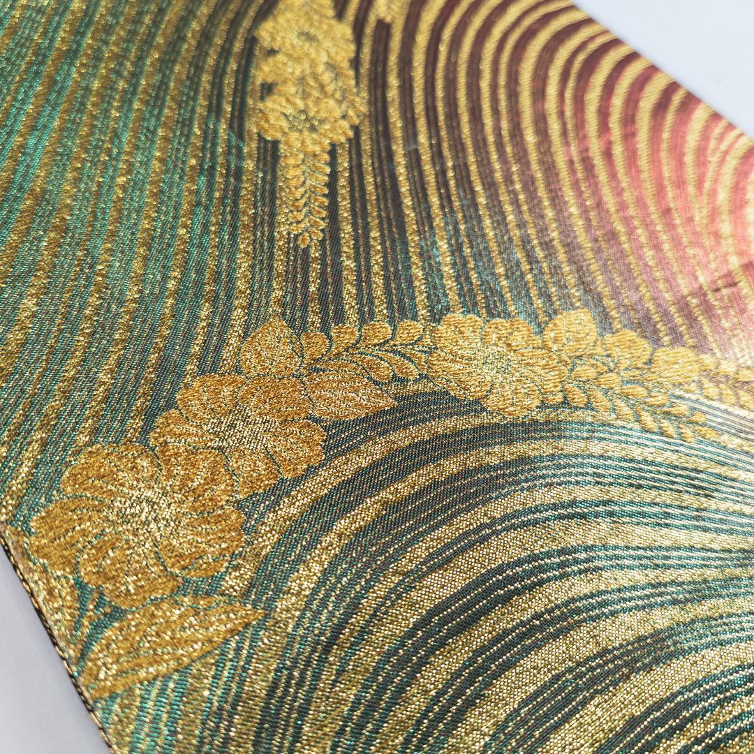 R7SK1473 袋帯 振袖用 礼装用 波 草花 全通柄 ゴールド シルバー