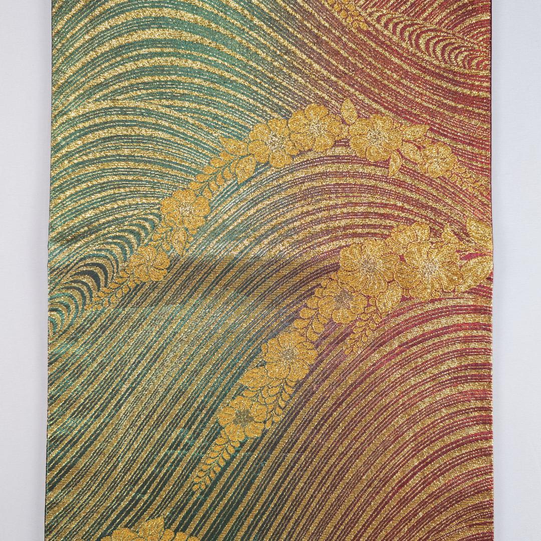 R7SK1473 袋帯 振袖用 礼装用 波 草花 全通柄 ゴールド シルバー