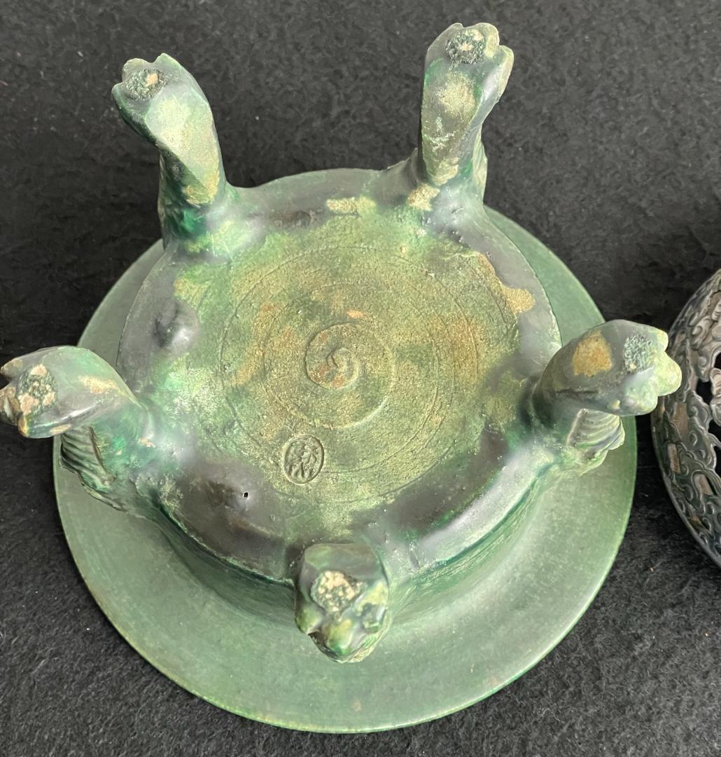 希少 初代 諏訪蘇山 造 漢窯写 緑釉 獣五足 獅子面脚 香炉 置物 銀製 銘有