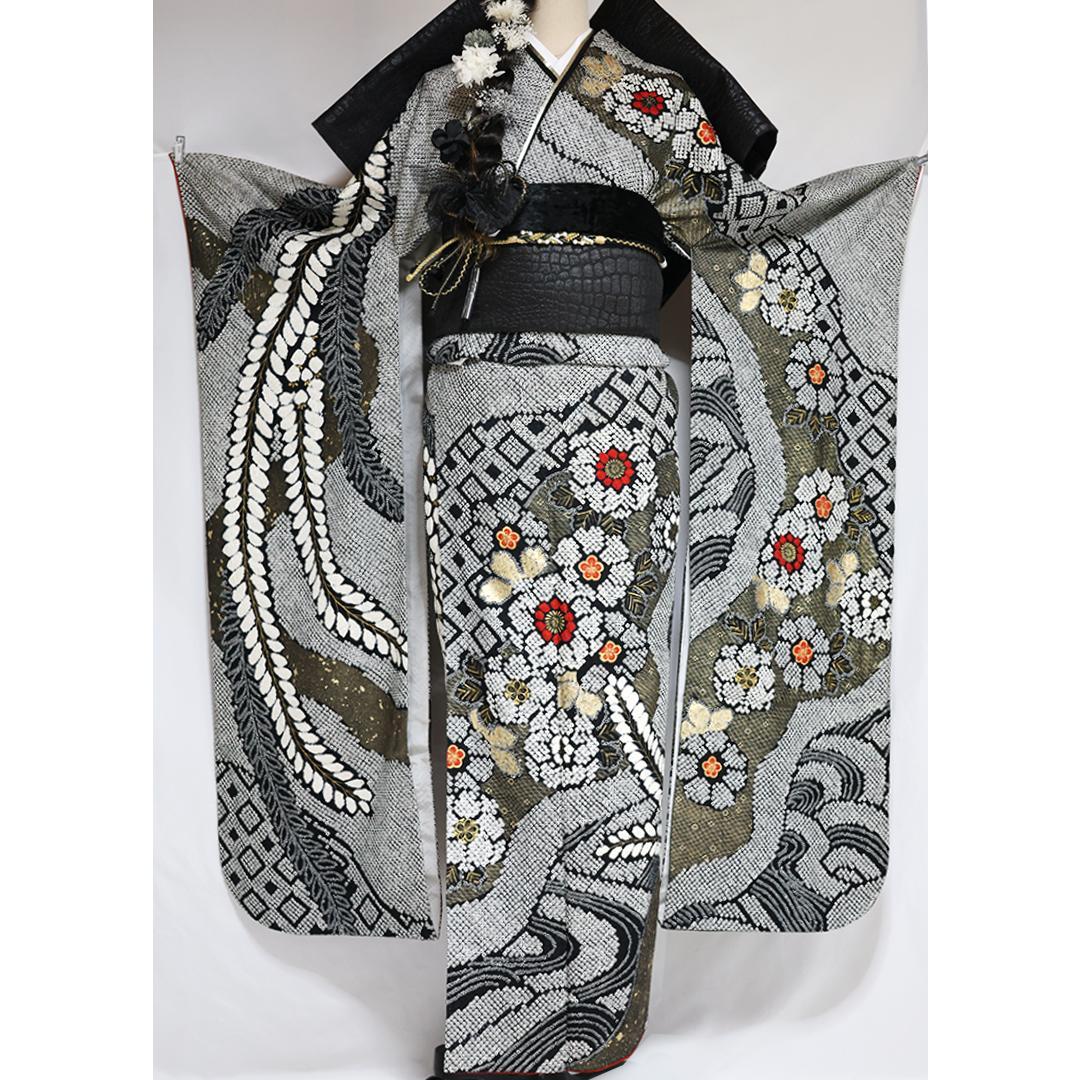 総絞り！◆ 振袖セット ◆165.5cm帯小物付黒白フルセットKS13