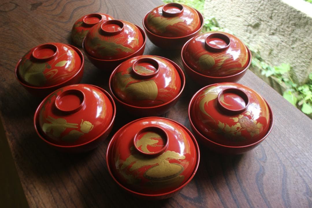 絵柄選択可！時代朱漆に優美な絵替風物蒔絵の映えるお椀8点（検輪島塗蒔絵椀