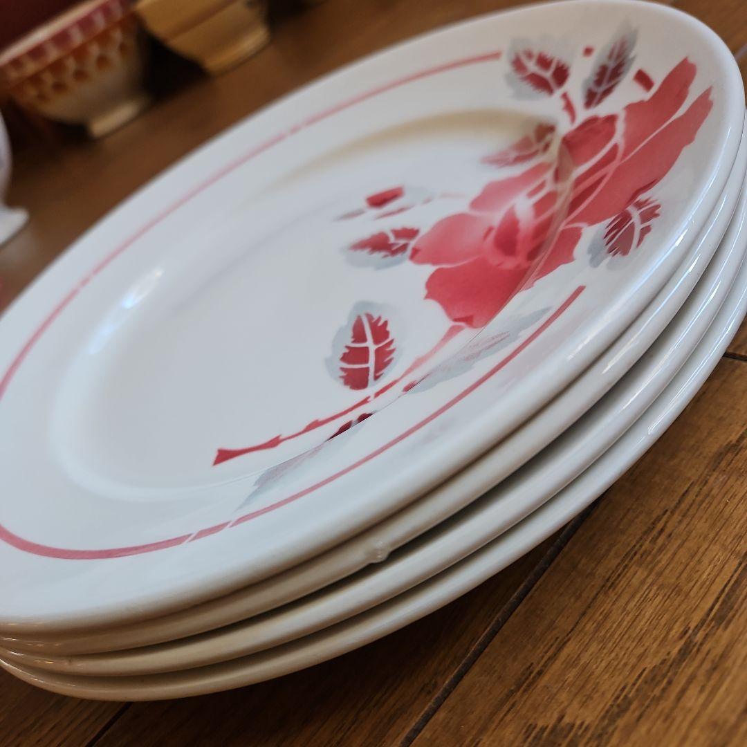 ローズ柄プレート 4枚セット ムーラン・デ・ルー製　フランス蚤の市　美品