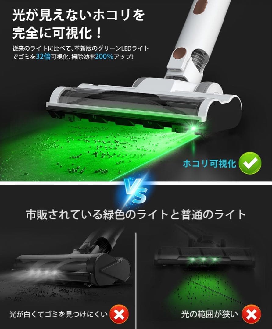 LEDランプ&70Kpa強力吸引力&独立式 コードレス掃除機 軽量