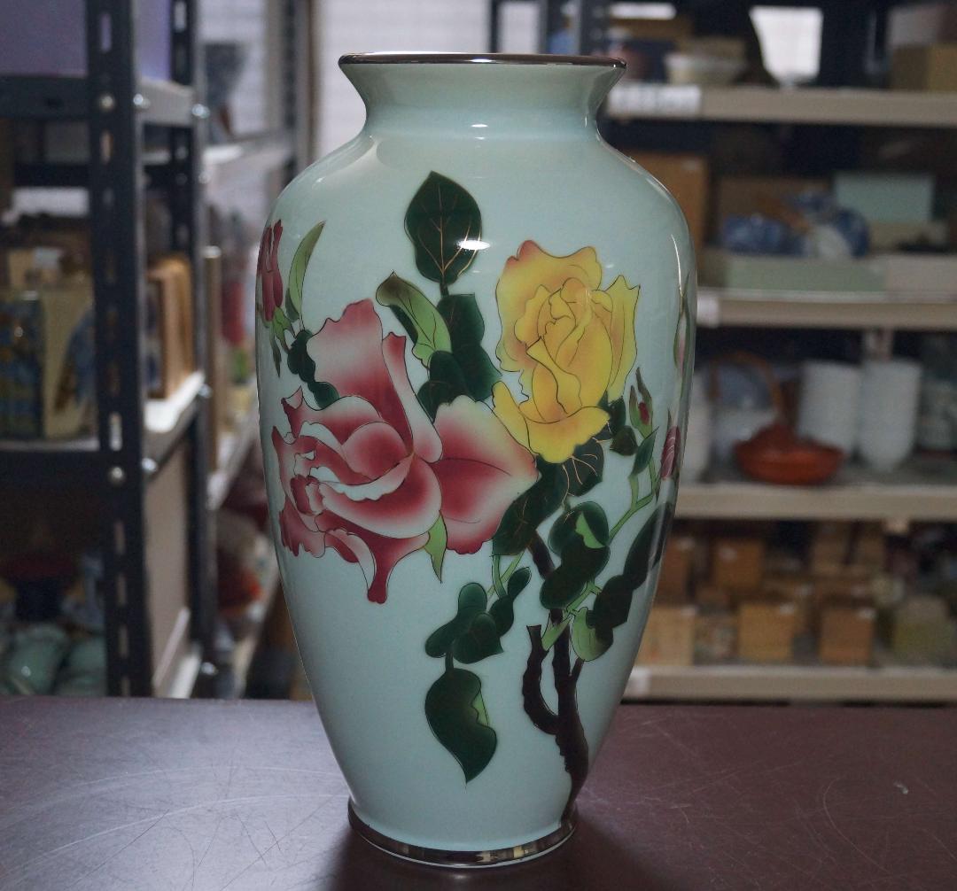 安藤七宝店 黒翠七宝『薔薇文』有線七宝花瓶 高さ31㎝★美品★