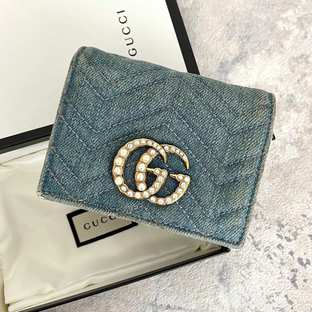 人気✨GUCCI パール マーモント デニム キルティング 二つ折り財布