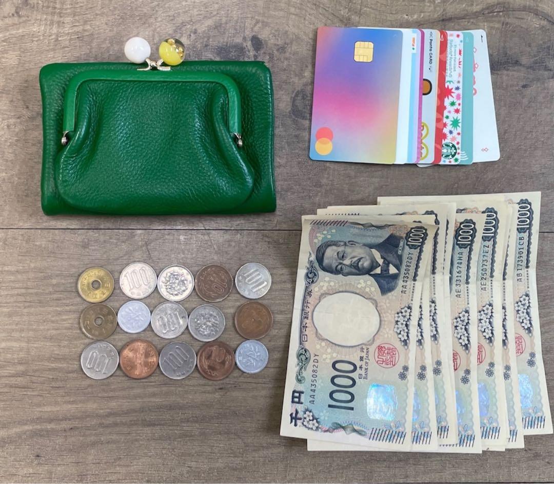 超美品【ear PAPILLONNER牛革がま口二つ折り財布】WEB限定グリーン