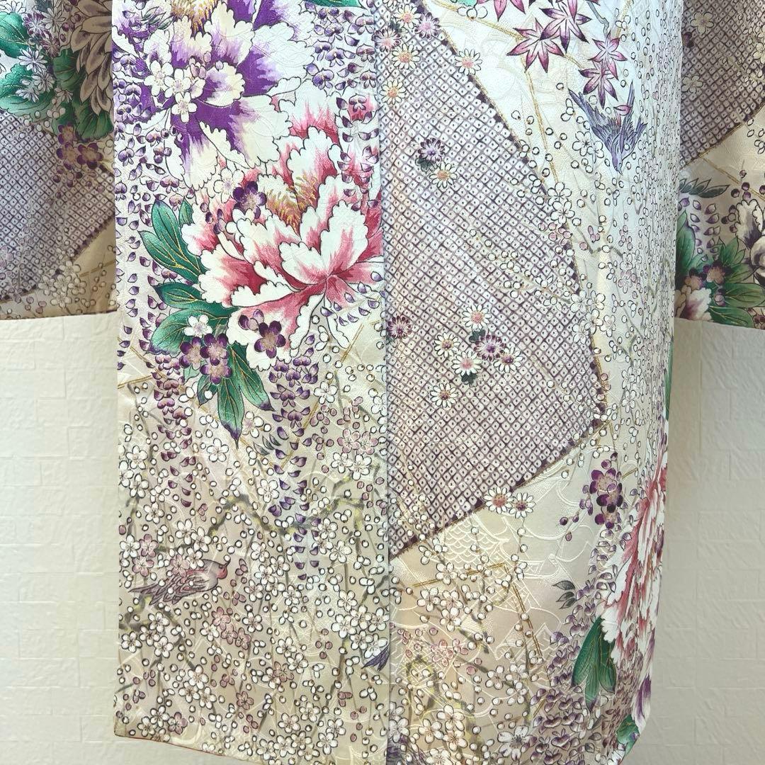 475 振袖フルセット 正絹 オフホワイト 薄紫 金彩 手描き 比翼仕立て 上品