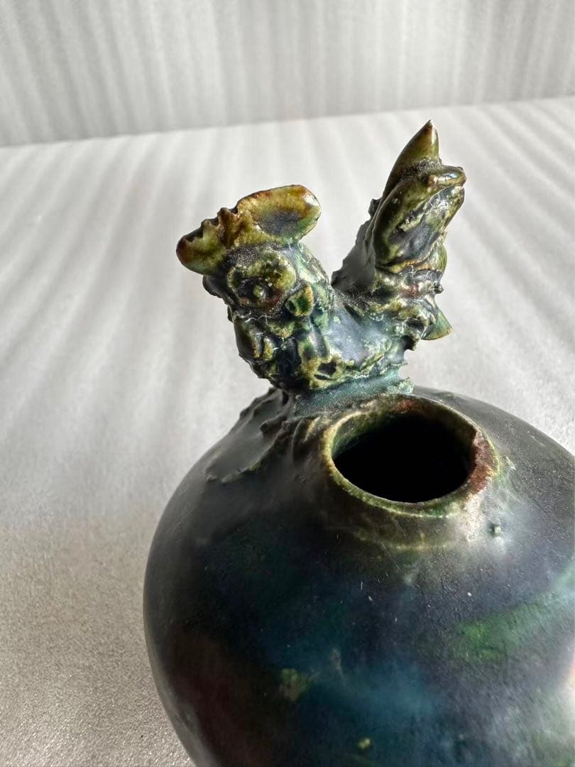 古織部焼 鶏の形 古美術 工芸品 花器 高さ約8.5cm 花瓶 一輪挿し 花入