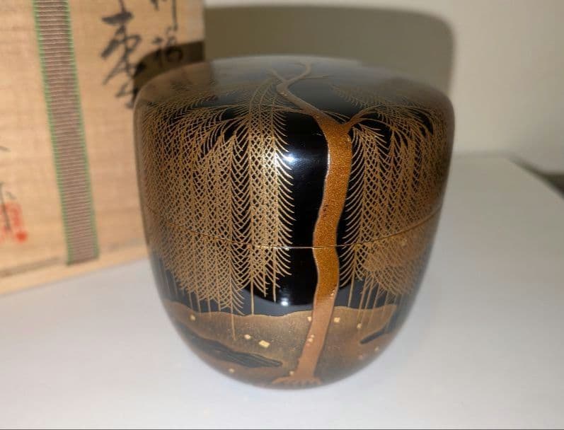 『柳橋蒔絵　棗』宗水作　茶道具　共箱共布　清水宗水　内銀溜塗　輪島塗　金