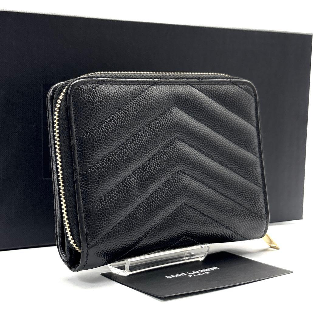 極美品◆サンローラン 二つ折り財布 キャビアスキン カサンドラ ブラック