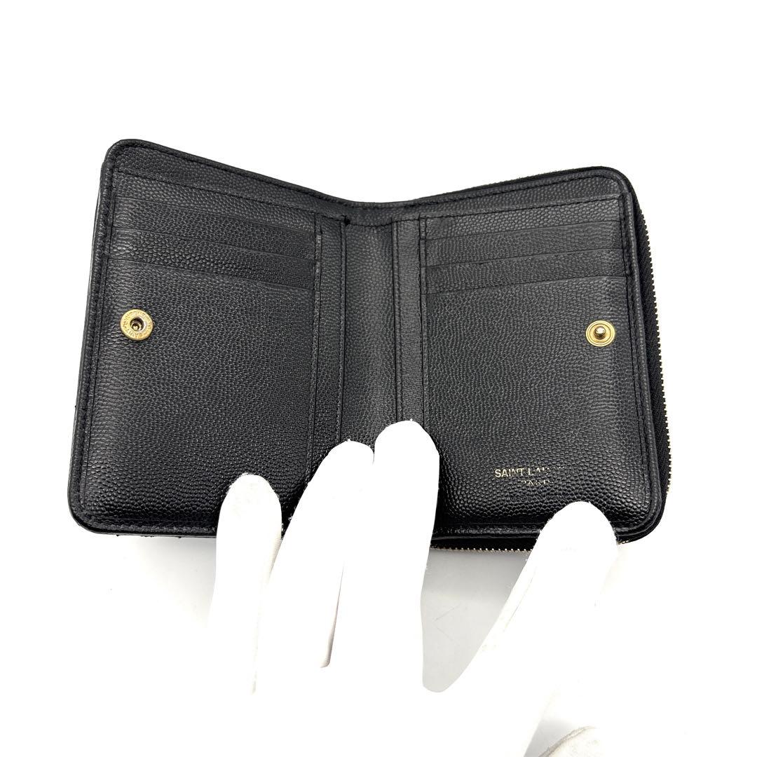 極美品◆サンローラン 二つ折り財布 キャビアスキン カサンドラ ブラック