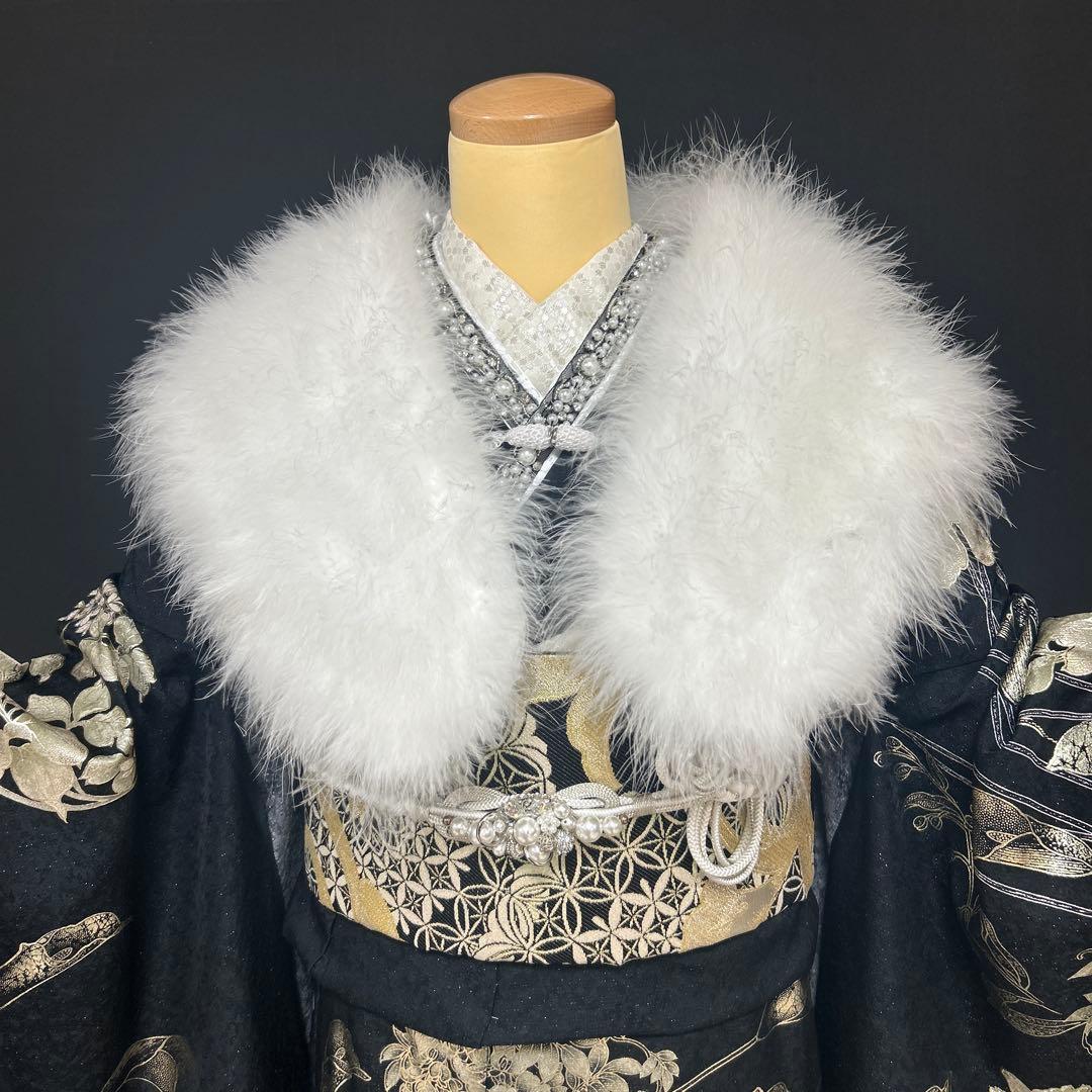 黒ラメ地牡丹や菊の上品な銀彩加工の振袖フルセット