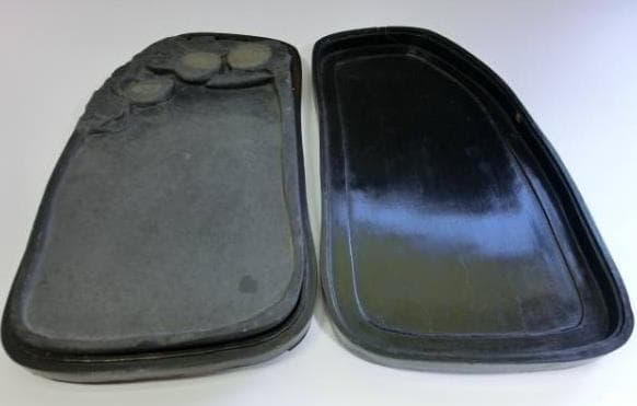 硯■古い瓜型すずり 大きい硯 書道道具 唐木箱 大振り 古美術 時代物 骨董品■