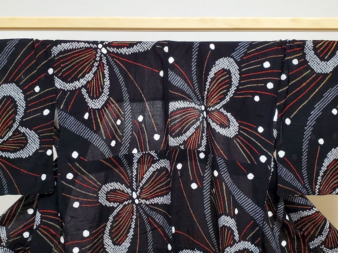 AB5 有松鳴海絞り 蝶々模様 花火 黒色 綿 浴衣 着物 04