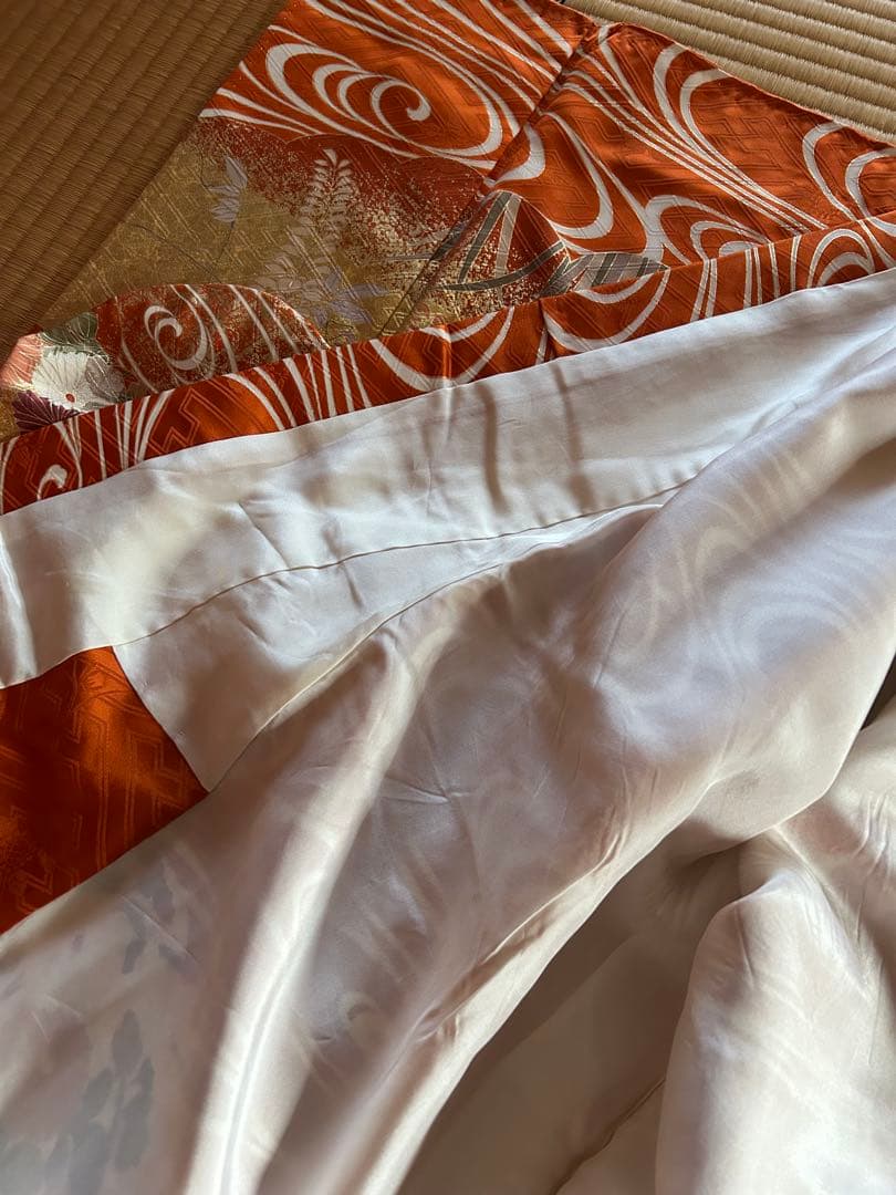 振袖 オレンジ 波模様 花柄　金