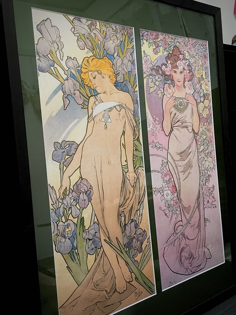 ミュシャ 四つの花（アイリス・バラ）　絵画　額縁つき