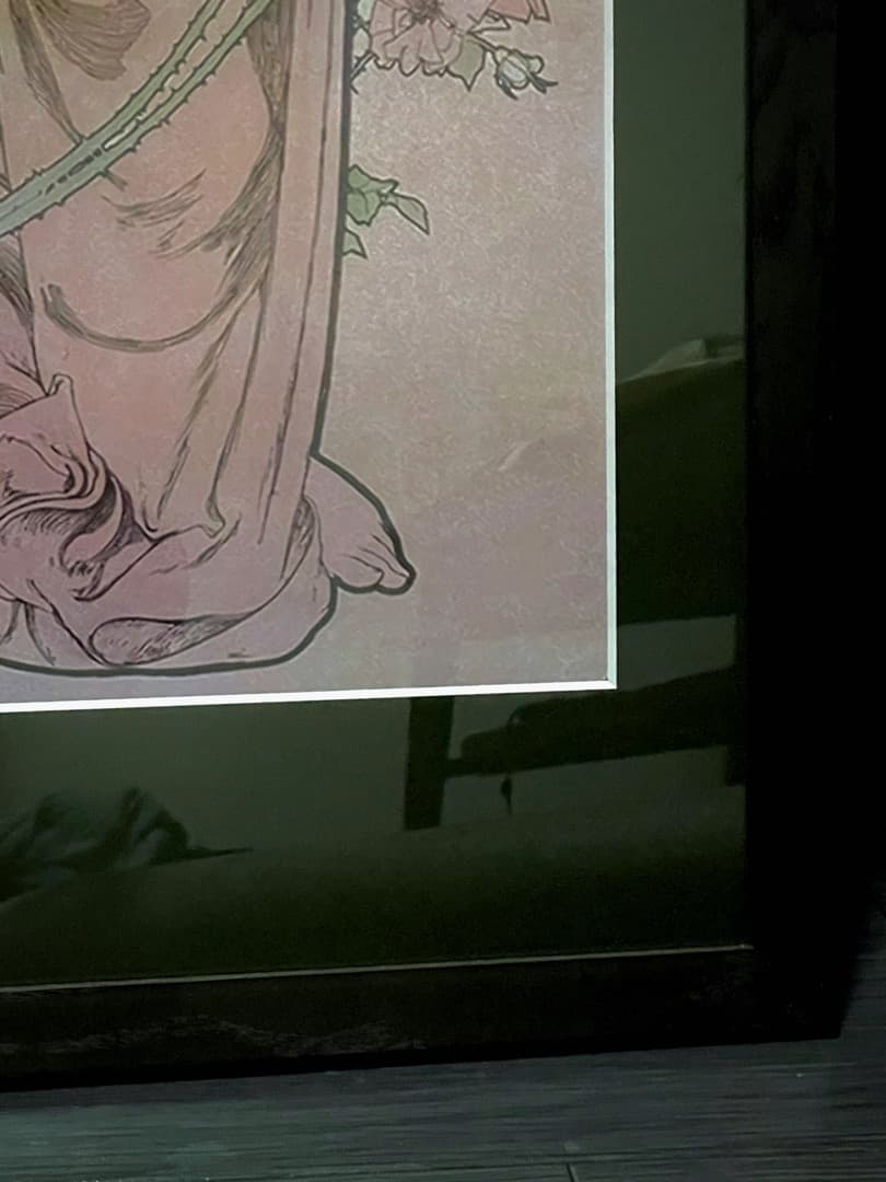 ミュシャ 四つの花（アイリス・バラ）　絵画　額縁つき