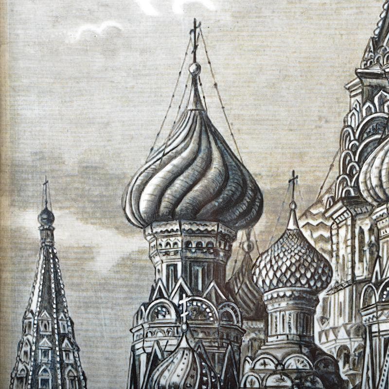 西洋美術　19世紀後半　聖ワシリィ大聖堂図　ロシア製　七宝絵　額装　VR5956