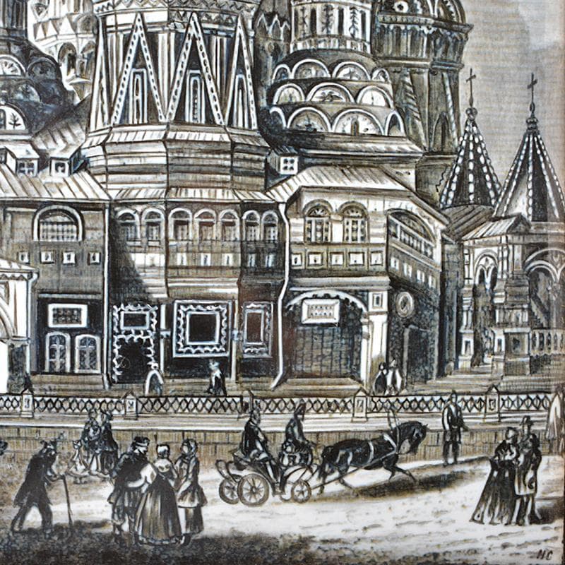 西洋美術　19世紀後半　聖ワシリィ大聖堂図　ロシア製　七宝絵　額装　VR5956