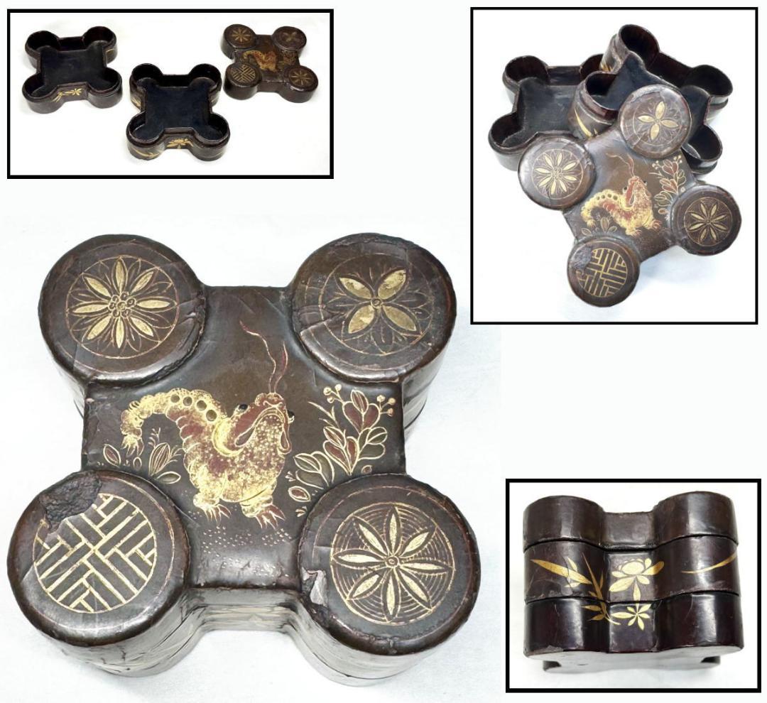 明末清初時代 木製珍獣花草文蒔絵二段小物入れ 漆器 時代物 唐物 WWWT084