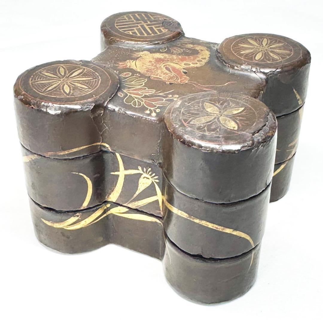 明末清初時代 木製珍獣花草文蒔絵二段小物入れ 漆器 時代物 唐物 WWWT084