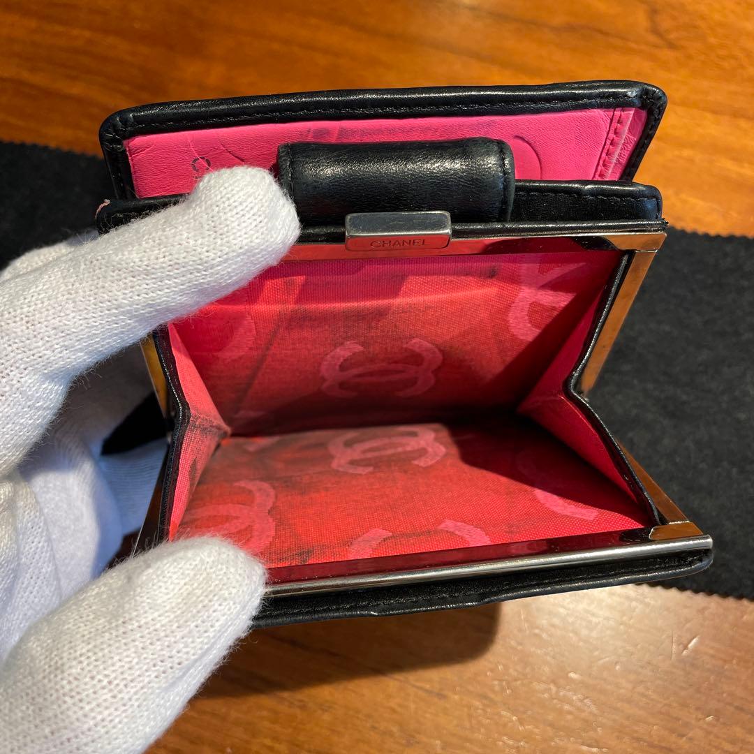 シャネル　CHANEL カンボンライン　二つ折り財布　がま口　ブラック　レザー