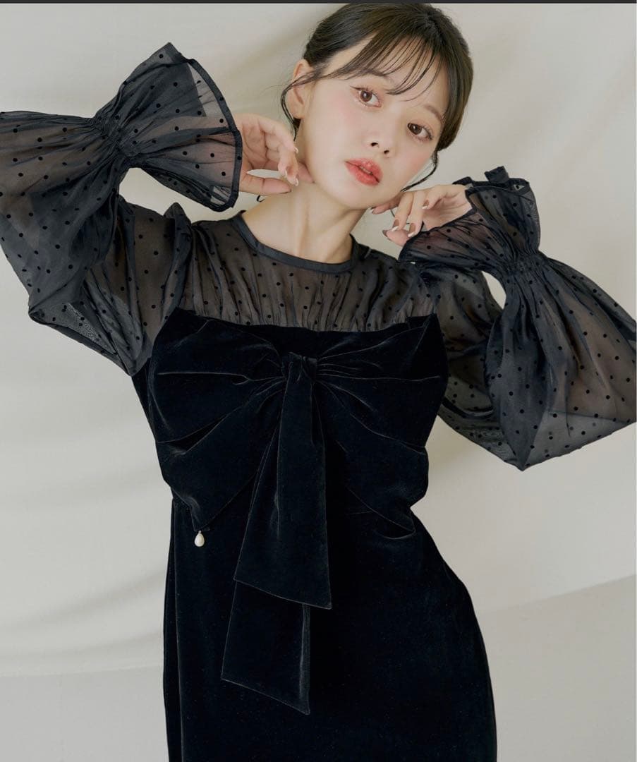 配色シアーリボンベロアワンピース