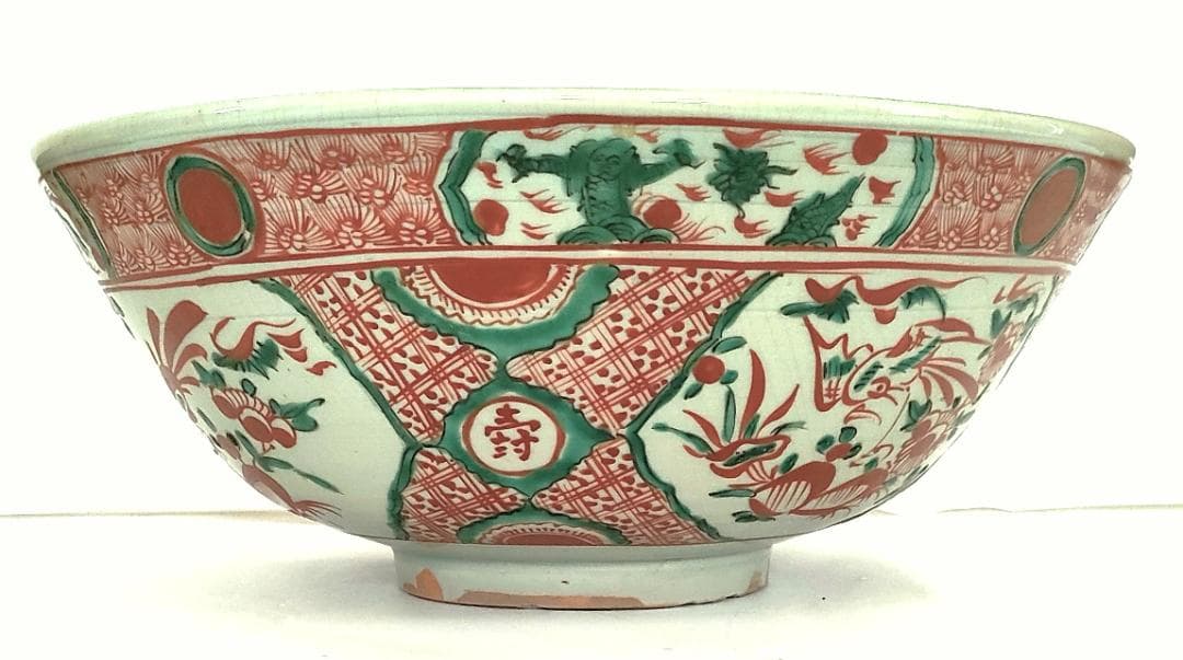 陶器 大深鉢 赤絵 福・壽・禄 Ab-168