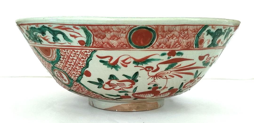 陶器 大深鉢 赤絵 福・壽・禄 Ab-168