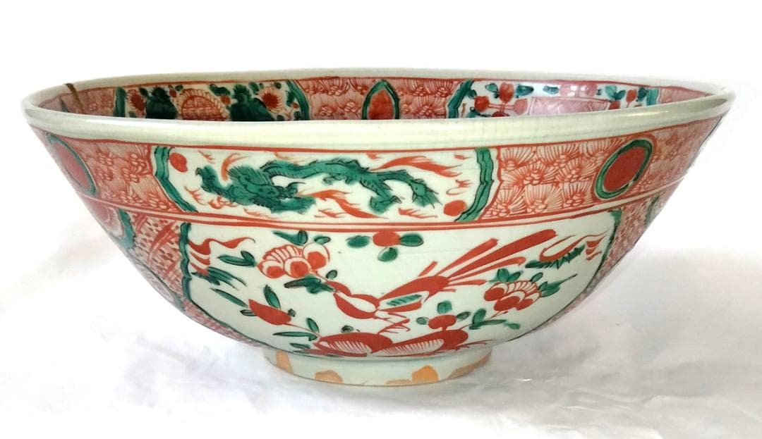 陶器 大深鉢 赤絵 福・壽・禄 Ab-168