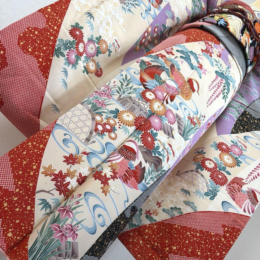 499 振袖フルセット 正絹 紫 赤 ベージュ 黒 金彩 駒刺繍 レトロ 鴛鴦