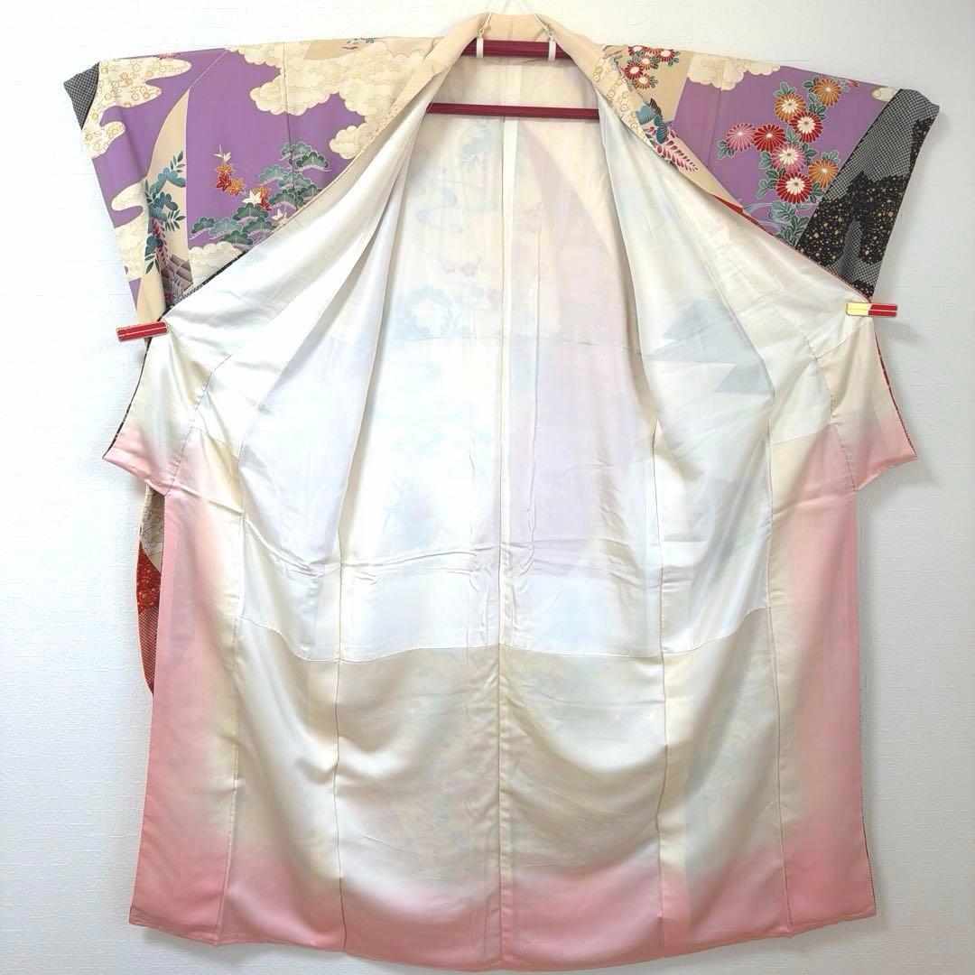 499 振袖フルセット 正絹 紫 赤 ベージュ 黒 金彩 駒刺繍 レトロ 鴛鴦