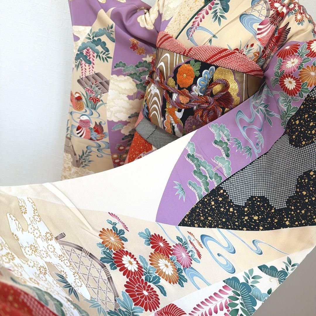 499 振袖フルセット 正絹 紫 赤 ベージュ 黒 金彩 駒刺繍 レトロ 鴛鴦