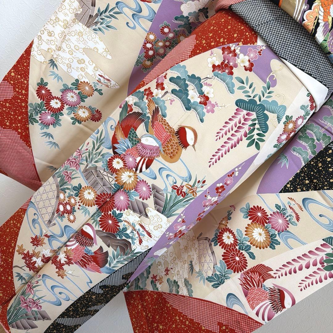 499 振袖フルセット 正絹 紫 赤 ベージュ 黒 金彩 駒刺繍 レトロ 鴛鴦