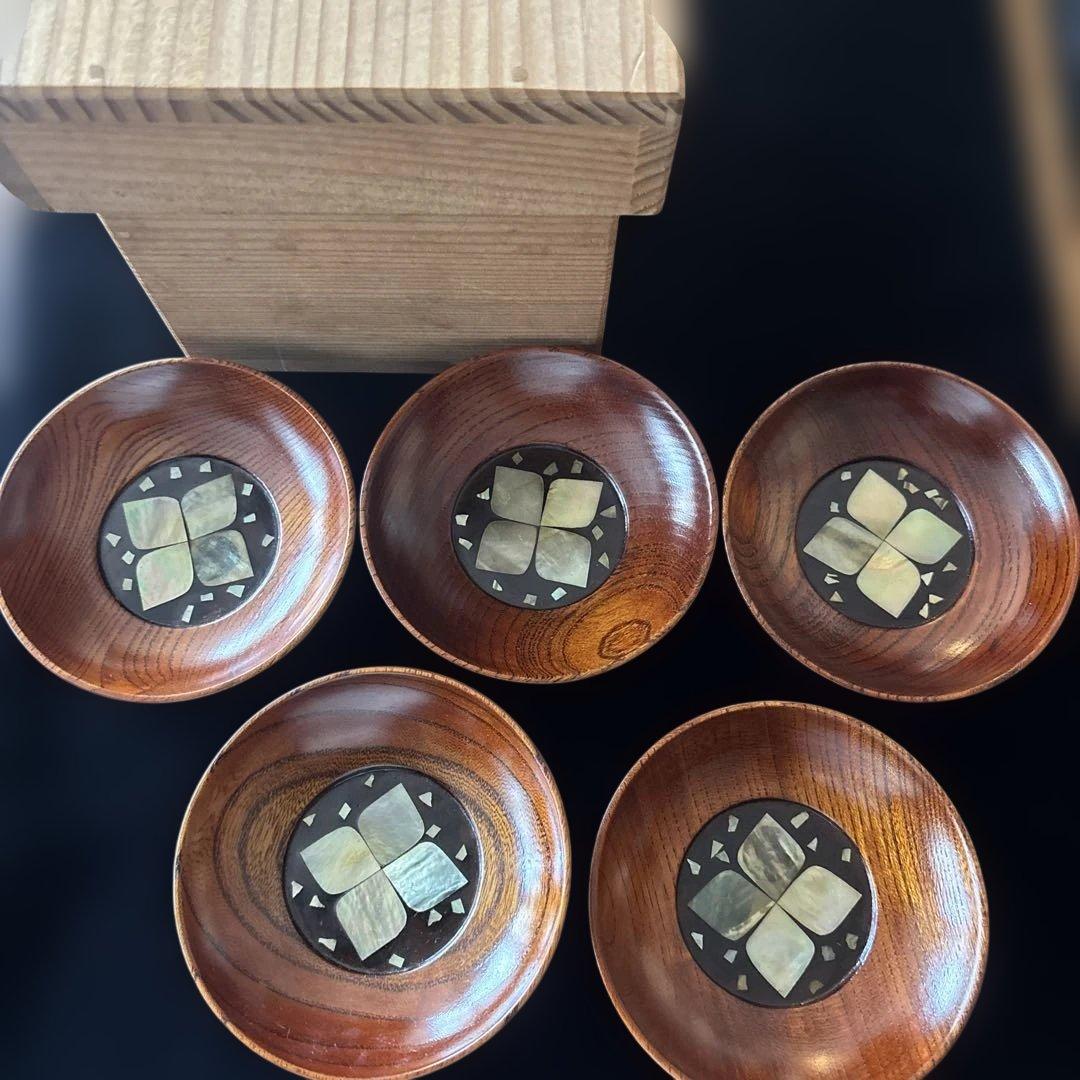 小島雄四郎　螺鈿　欅　小茶托　5枚組　民芸　木箱入　黒田辰秋